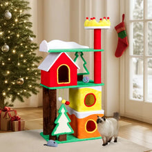 56in Christmas Themed Plush Cat Tree, Multi-level Cat Tower With Cat Condos, Top Crown Perch, Sisal Ramp Scratching Posts, Large Cat Pet Activity Center For Indoor Cats