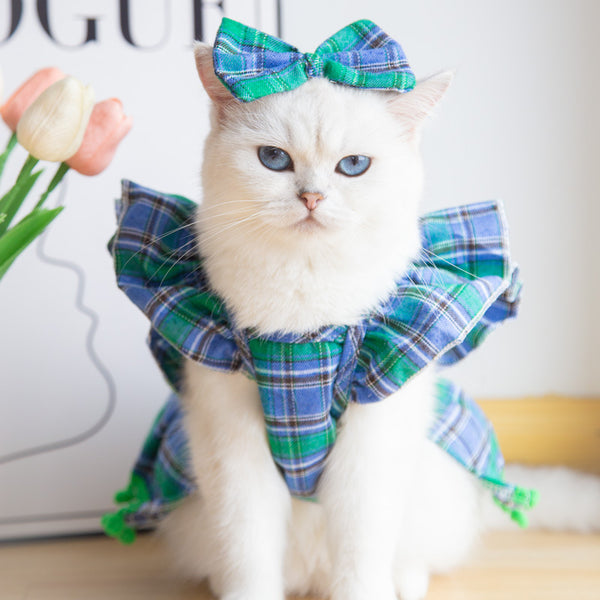 Pet Christmas Skirt Outfit – Holiday Plaid & Velvet Dresses for Cats with Matching Bow Headdress