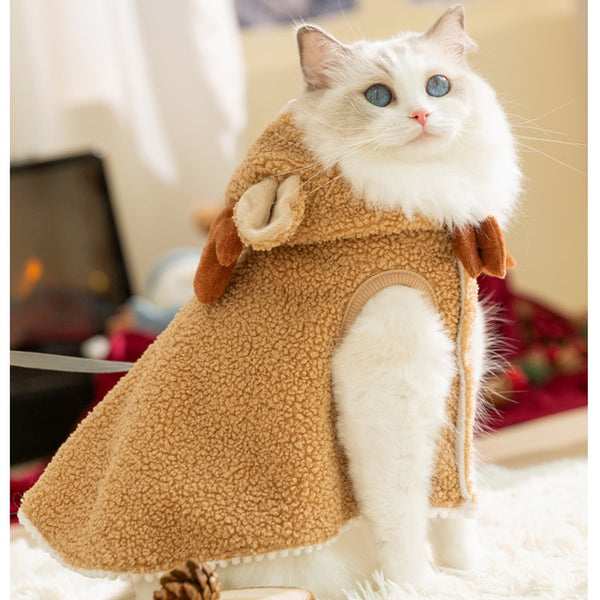 Christmas Reindeer Pet Cape – Warm Winter Cat & Small Dog Coat | Fleece Hooded Holiday Outfit with Leash Ring | Cute Halloween & Xmas Costume for Pets